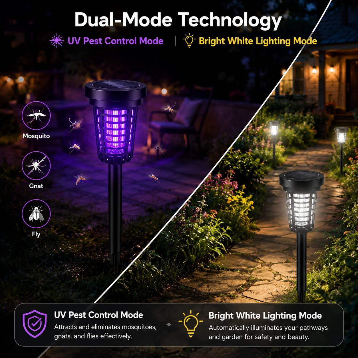 Dual-mode solar bug zapper with UV pest mode and white light mode