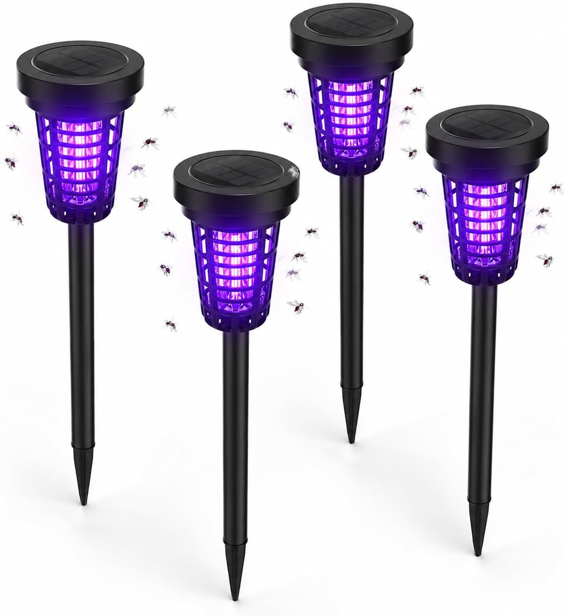 Four solar bug zappers showing the exact product shape and stake base