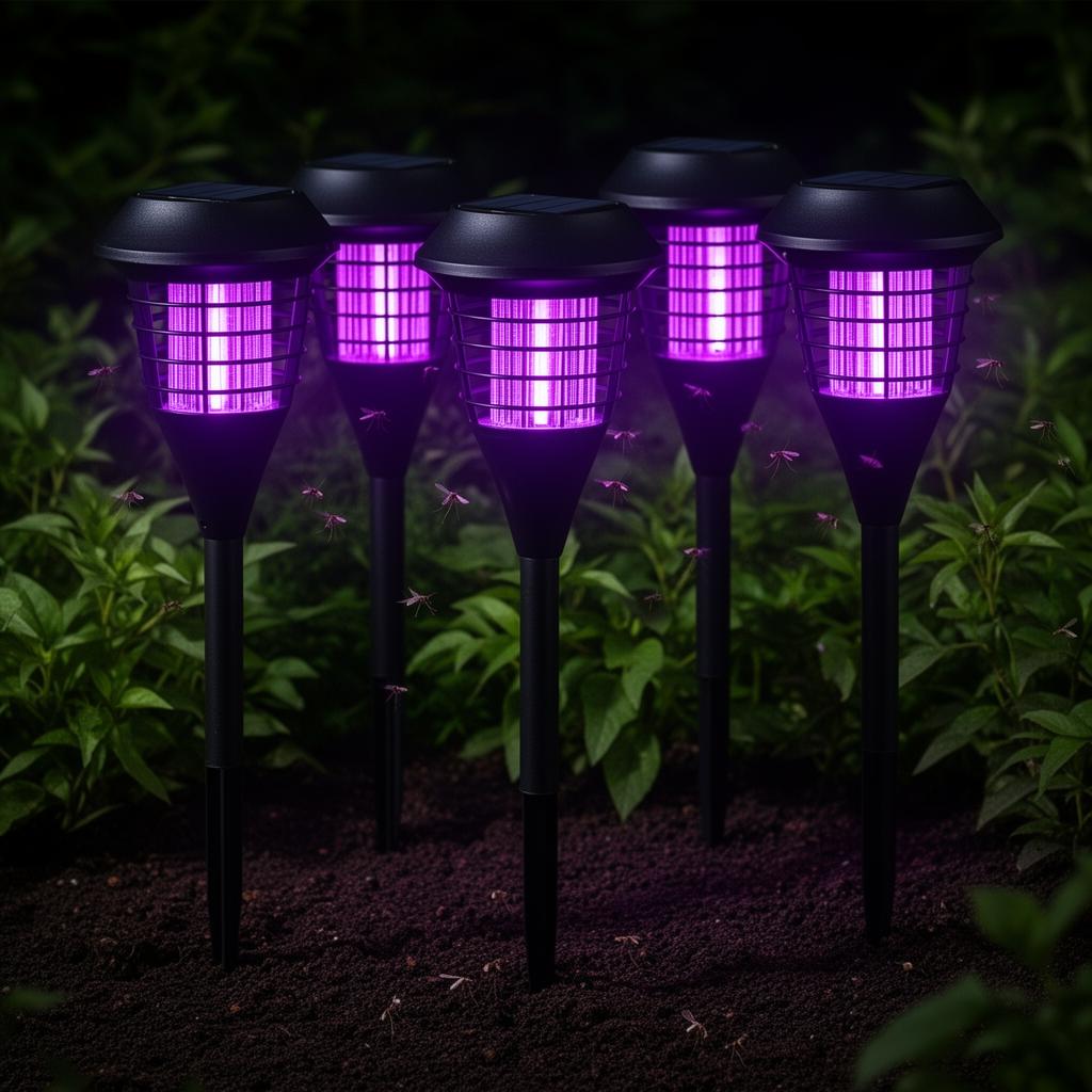 Solar bug zappers installed around a patio during an evening gathering